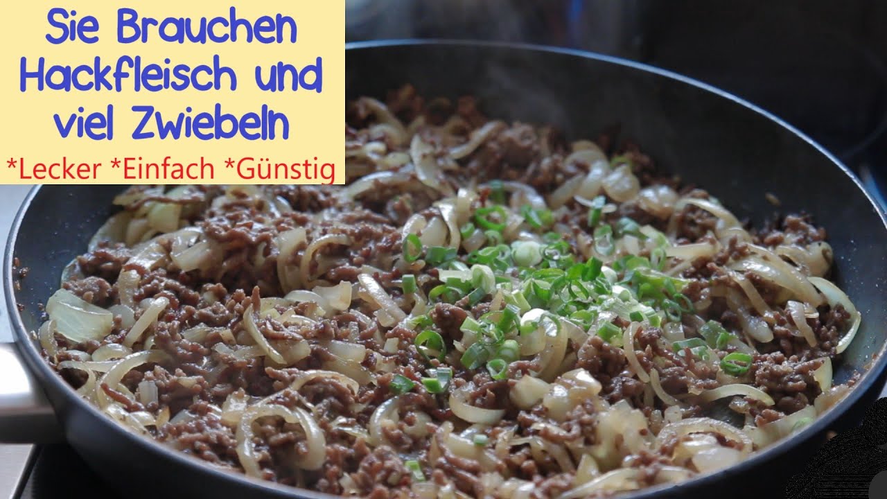Schnelles Rezept f&uuml;r Hackfleisch in der Pfanne. Gebratenes Rinderhackfleisch mit Zwiebeln. Vlog #5