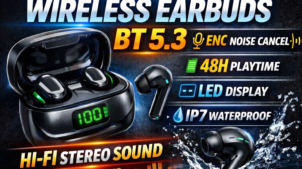 Wireless Earbuds BT 5 3  ENC Noise Cancelling  48H Playtime  LED Display  IP7 Waterproof