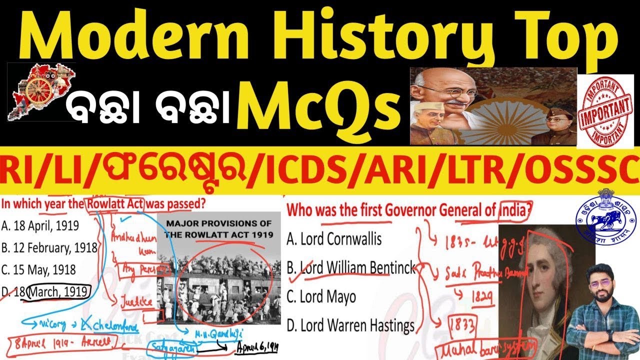 Modern History of India Top Selected MCQs for OSSSC/RI/CGL/FORESTER/ICDS/LSI/LTR/SI | Odisha Gk CGE