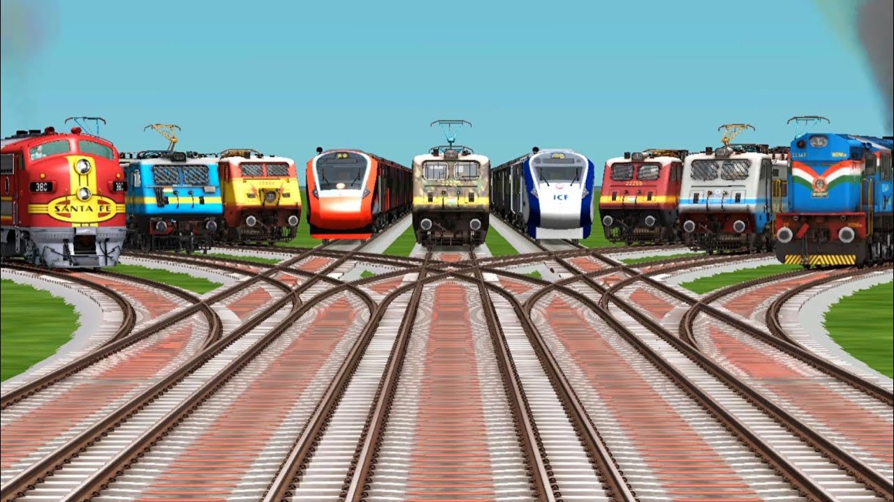 9 Trains Railroad Crossing By Bumpy Branched Railroad Tracks || Indian train simulator classic game