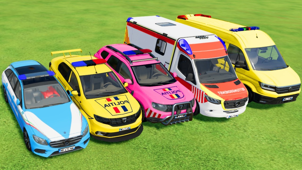 TRANSPORTING POLICE CARS, AMBULANCE, FIRE TRUCK, COLORFUL CARS WITH TRAIN -FARMING SIMULATOR 22!