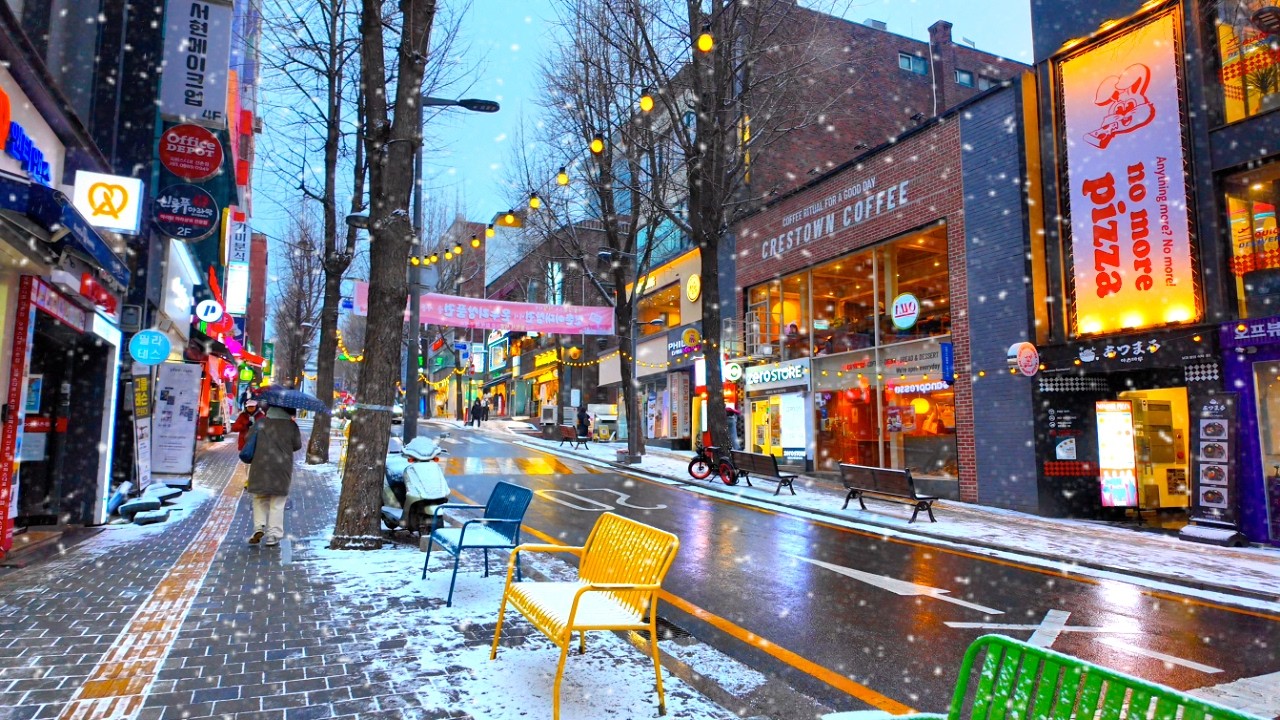 {통합본} 눈 내리는 서울 밤산책 — 홍대·신촌·연남동·경의선숲길 | 4K