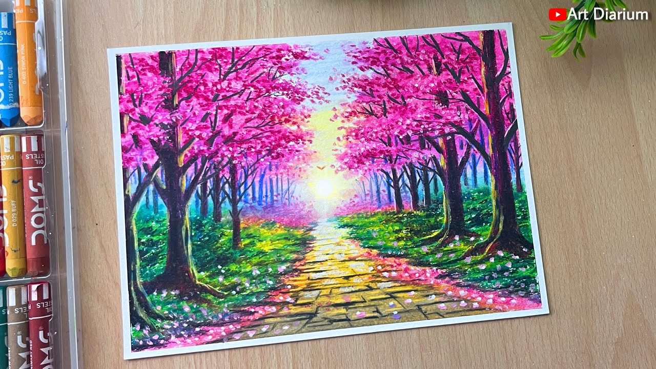 Pink Forest Nature Scenery with Oil Pastel | for Beginners step by step