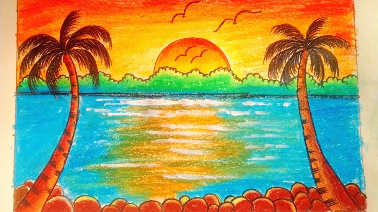 Beautiful Sunset Scenery with Oil Pastels | Easy Landscape Drawing Tutorial 🎨