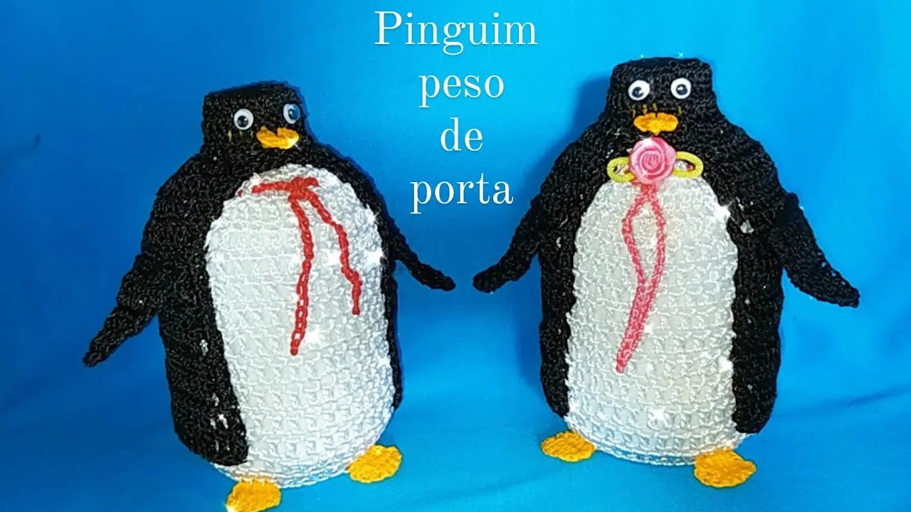 pinguim peso de porta(em crochê) reciclando garrafa pet