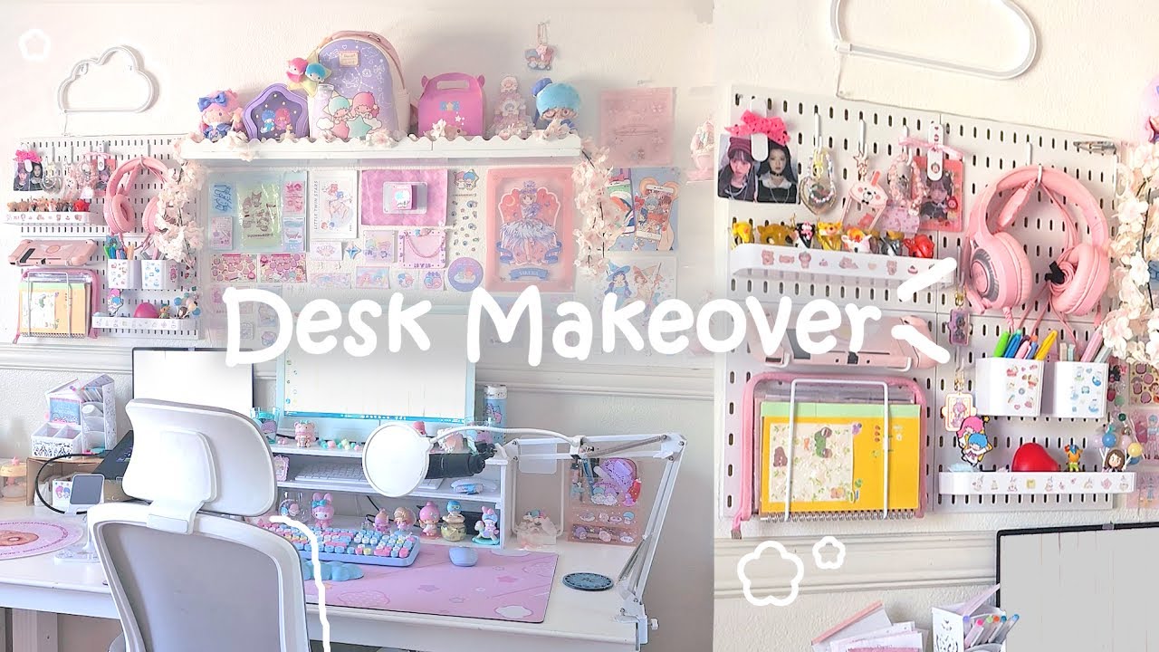 aesthetic desk makeover🫧 | sanrio, little twin stars, pegboard decorating, pastel decorations