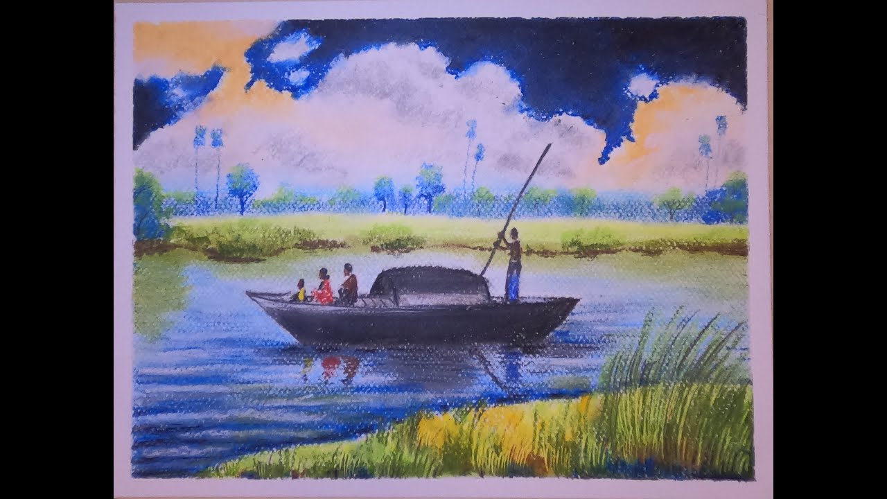 How to draw Rainy season scenery | Drawing cloudy evening | Drawing  a boat on river | oil pastel |