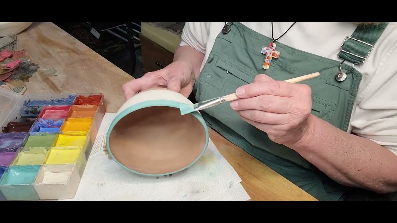 Whimsical Underglaze Painting on Bisqueware.  (Kentucky Mudworks Brown Bear Cone 4/6 Clay) Amaco
