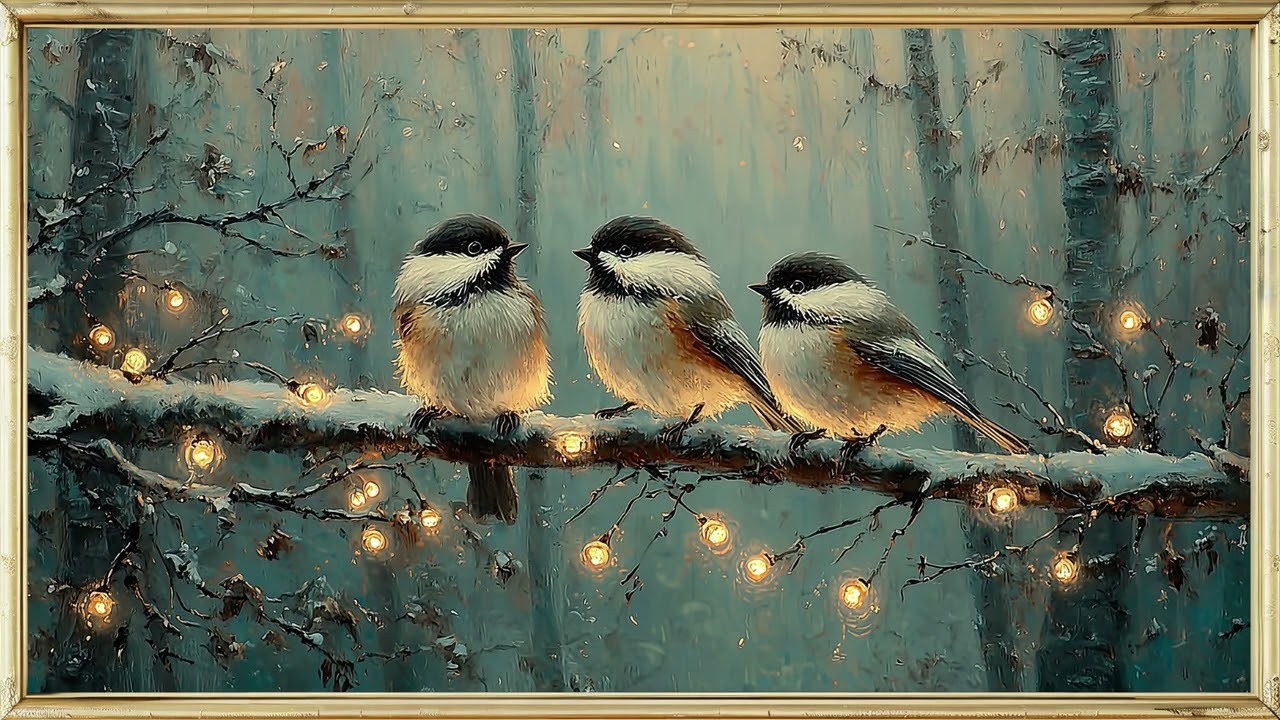 Winter Frame TV Art – Snowy Chickadees & String Lights | 4K Ambient Screensaver (No Music)