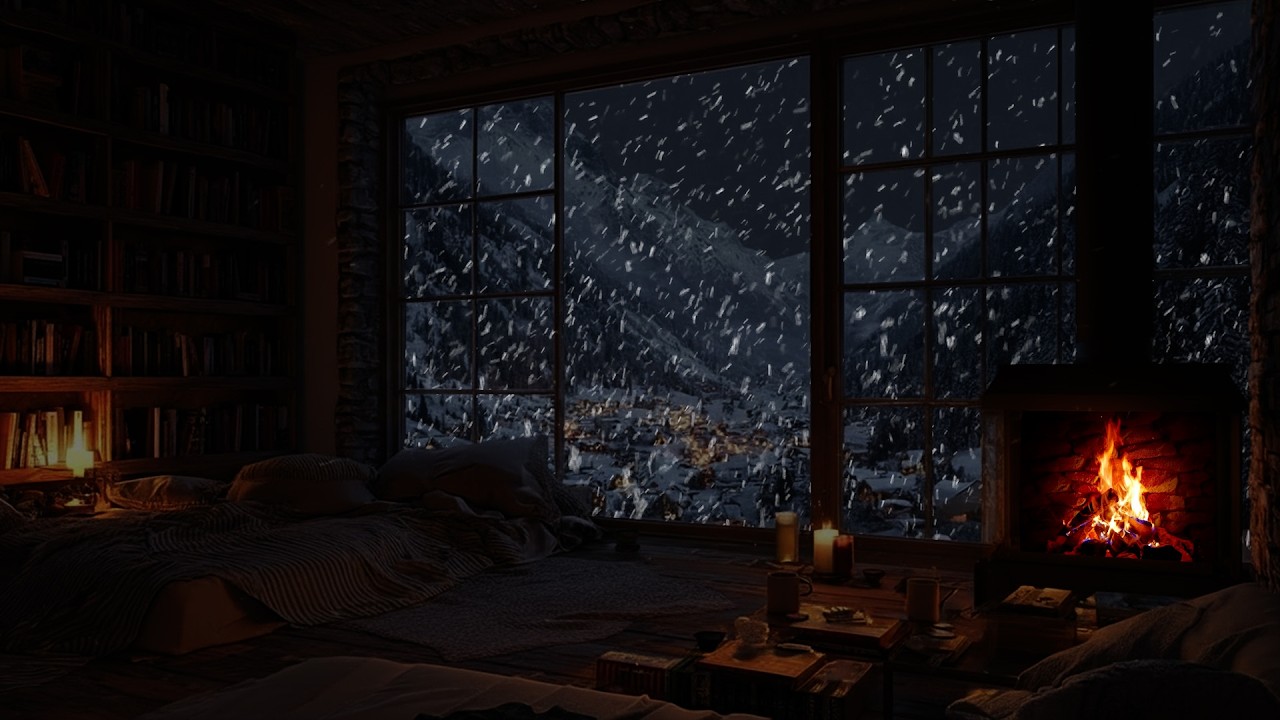 Gentle Snow Drifting through Firelight Glow ❄️ A Calm Winter Space for Deep Focus