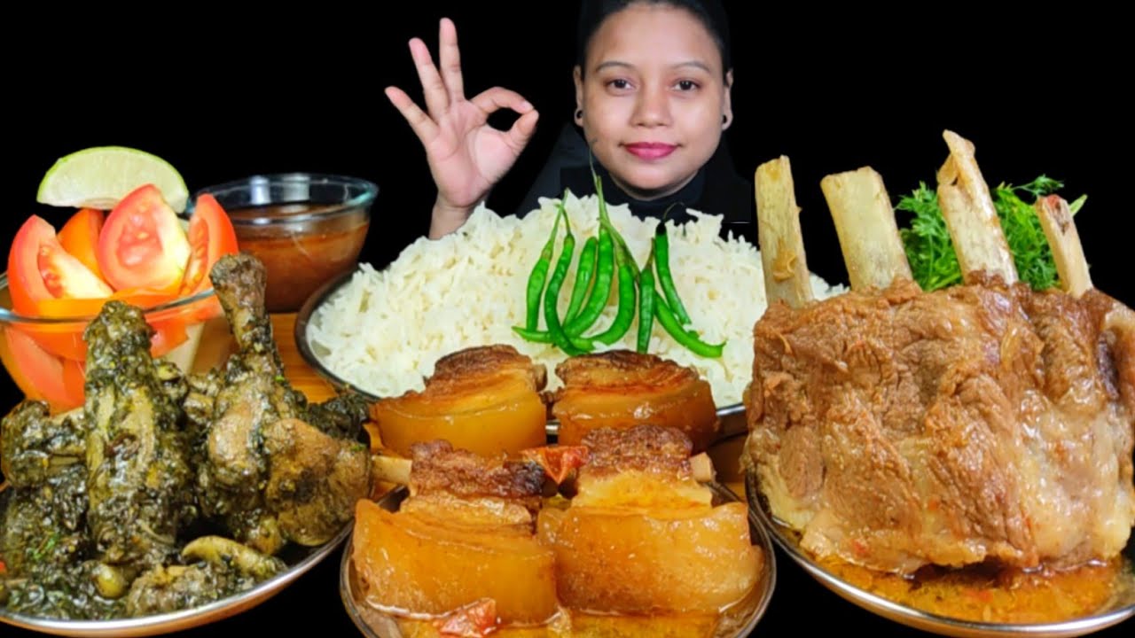 ASMR EATING PORK RIBS CURRY WITH RICE | BLACK CHICKEN CURRY, CHILLI & SPICY GRAVY MUKBANG