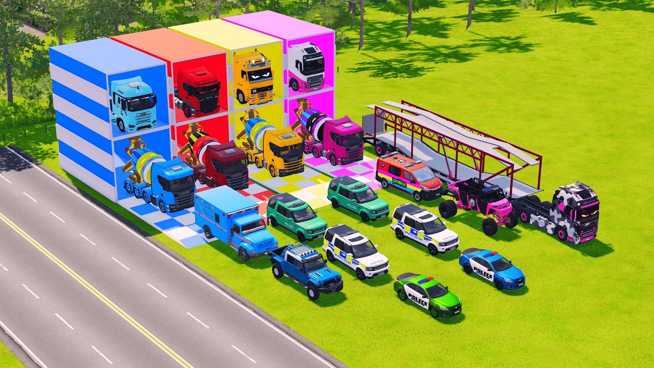TRANSPORTING POLICE CARS, AMBULANCE, FIRE TRUCK, COLORFUL CARS WITH TRUCK -FARMING SIMULATOR 22!