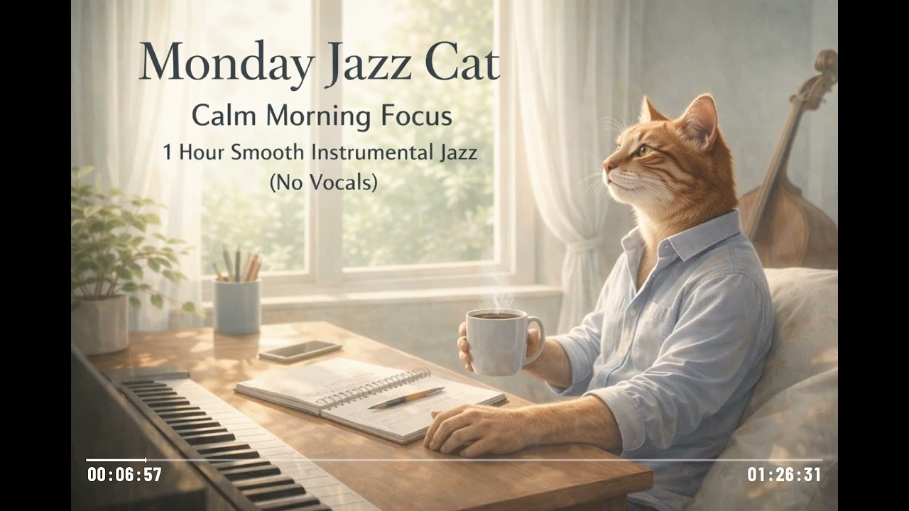 Monday Jazz Cat – Calm Morning Focus | 1 Hour Smooth Instrumental Jazz (No Vocals)