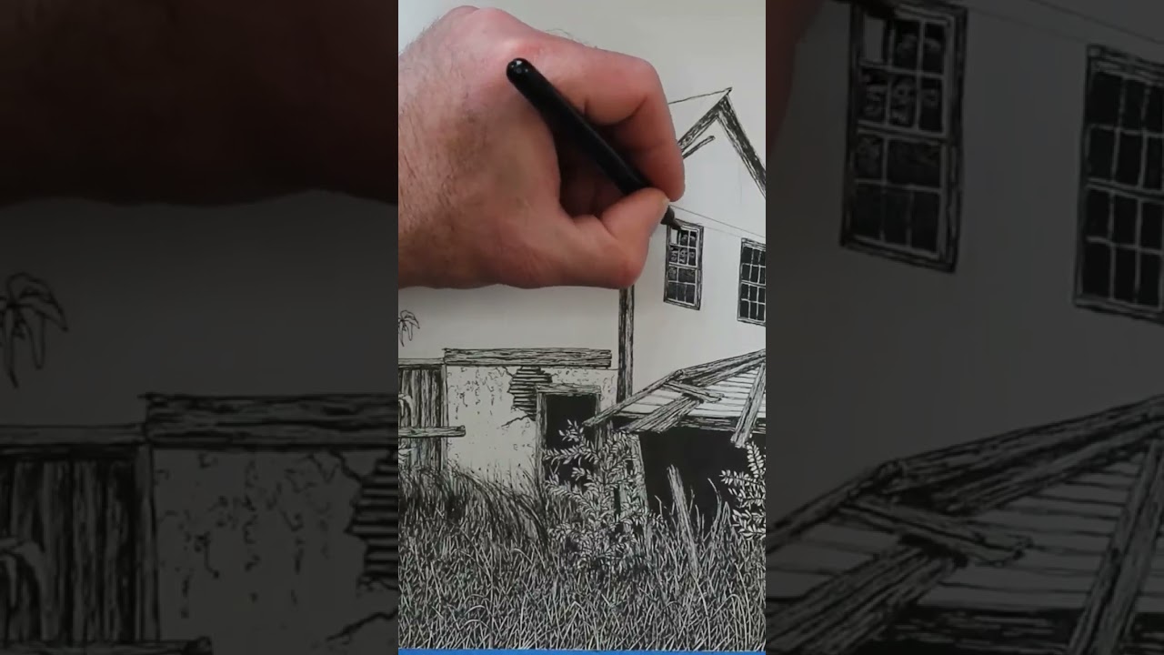 Drawing an Abandoned House in Ink on Watercolor Paper
