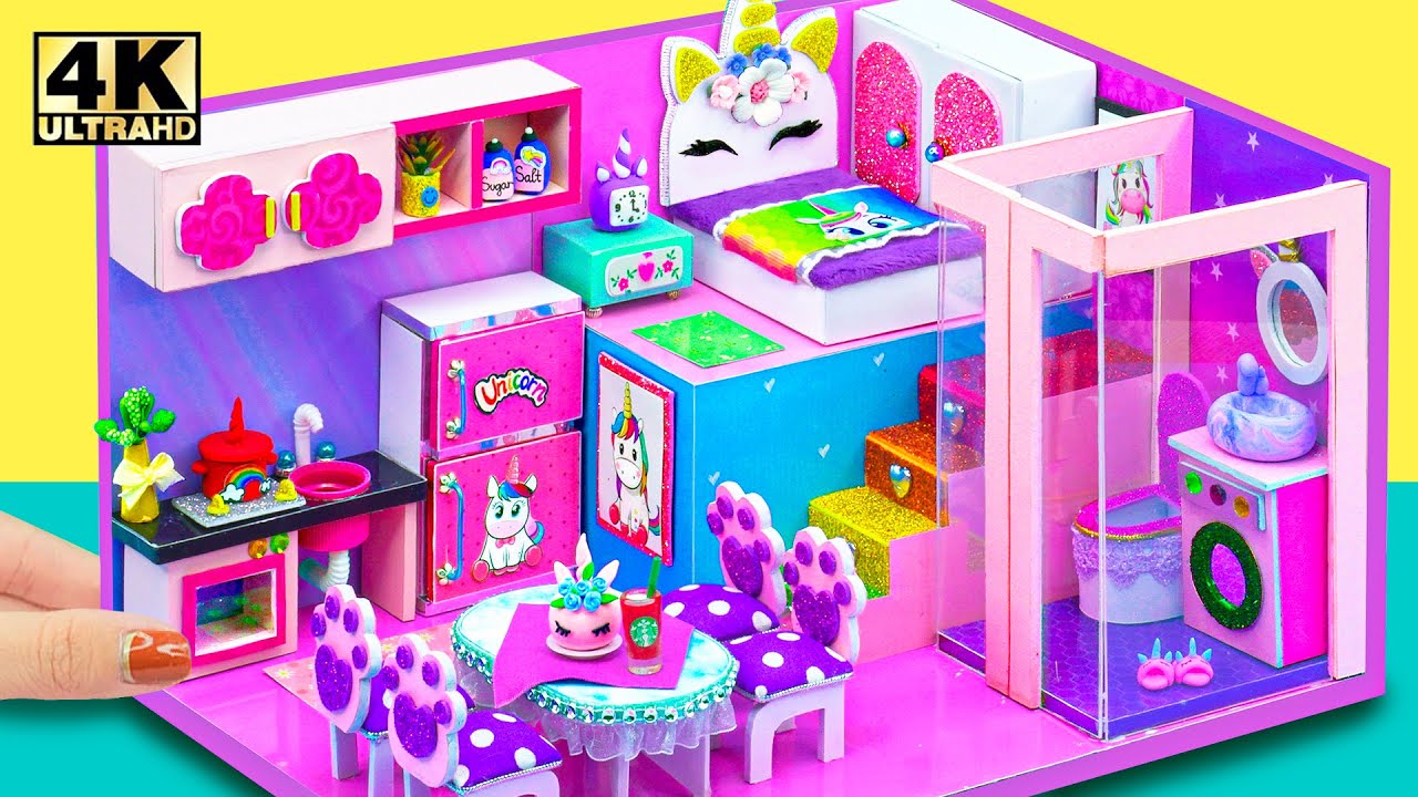 DIY Unicorn Miniature Dollhouse 🦄✨ Colorful Cardboard House with Kitchen, Bedroom & Laundry Room