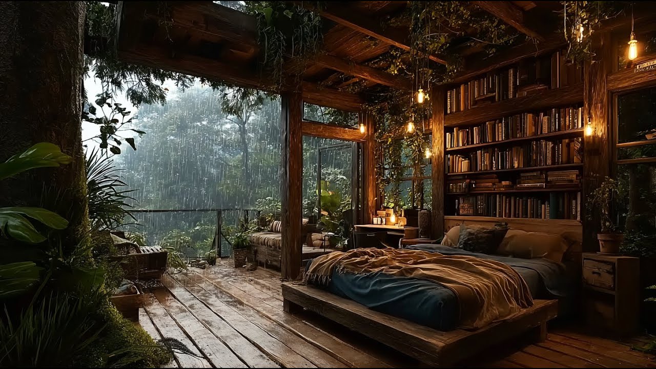 Forest Rain Beside a Cozy Wooden Bedroom 🌲 | Gentle Night Rain for Deep Sleep (NO ADS)