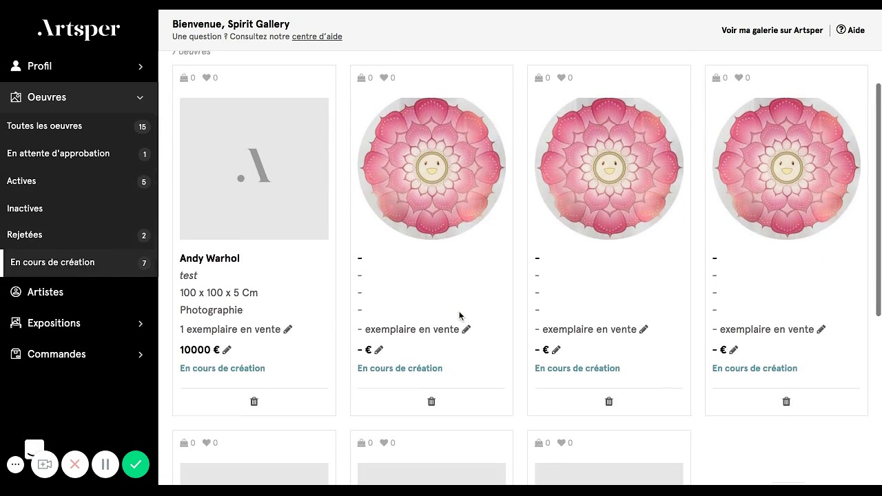 Gérer son catalogue Artsper