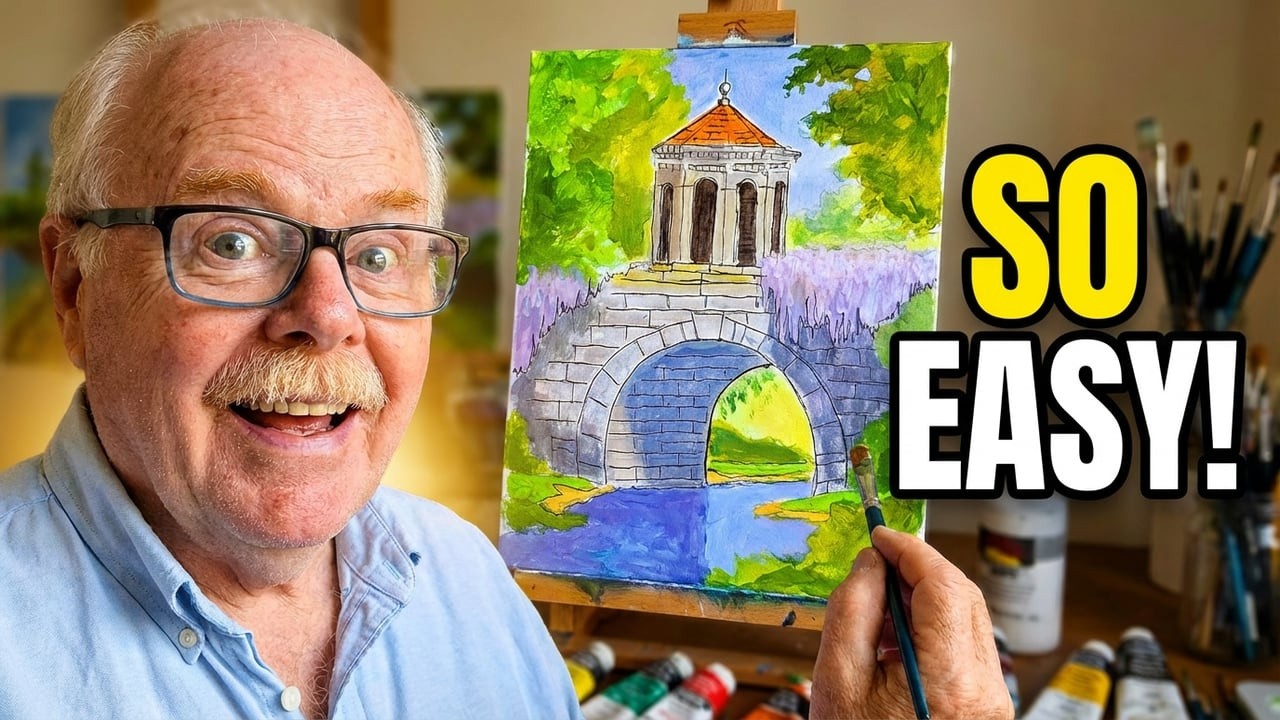 Painting a bridge with tower  covered with flowers
