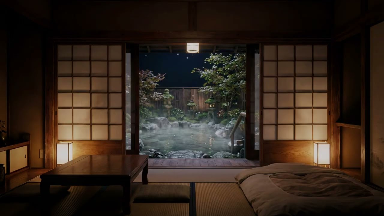 Snowy Midnight Onsen Ambience | 8 Hours | Relax, Sleep, Study