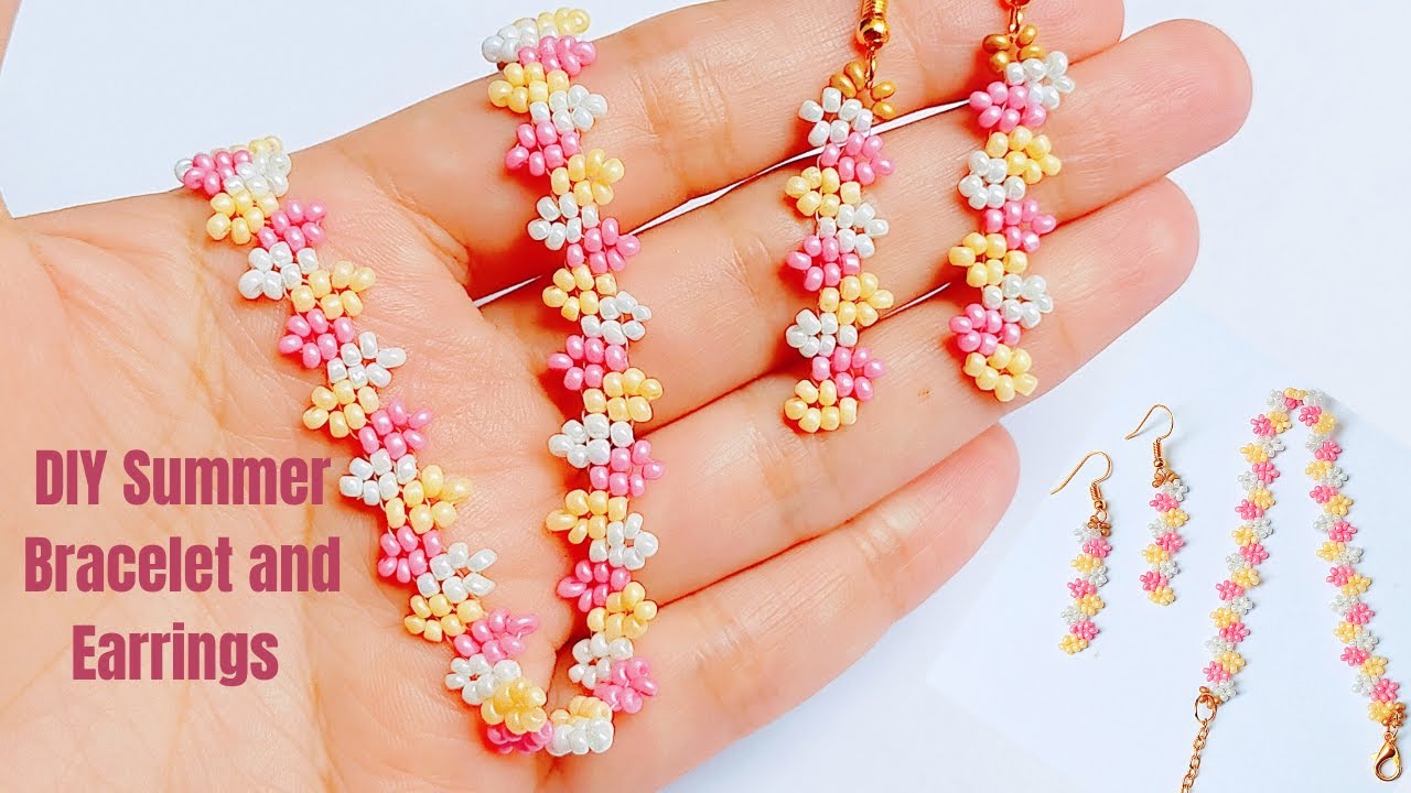 Seed Bead Summer Bracelet and Earrings Tutorial with Step by Step Instructions - Beaded Set Tutorial