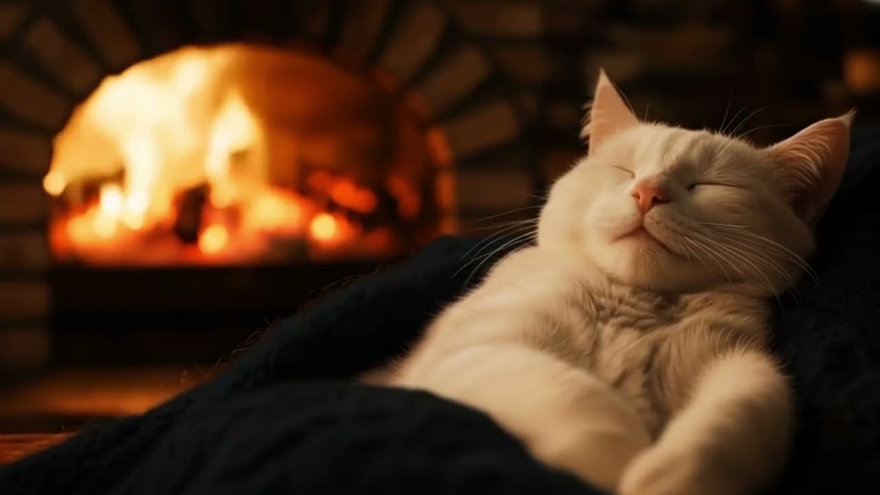 Warm Fireplace Glow & Gentle Purring Cat | Cozy Night Ambience 9Hours 4K [Deep Sleep · Relax · ASMR]