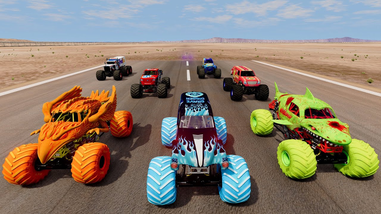 Freestyle and High Speed Jumps Monster Jam Grave Digger FIRE & ICE BeamNG Drive