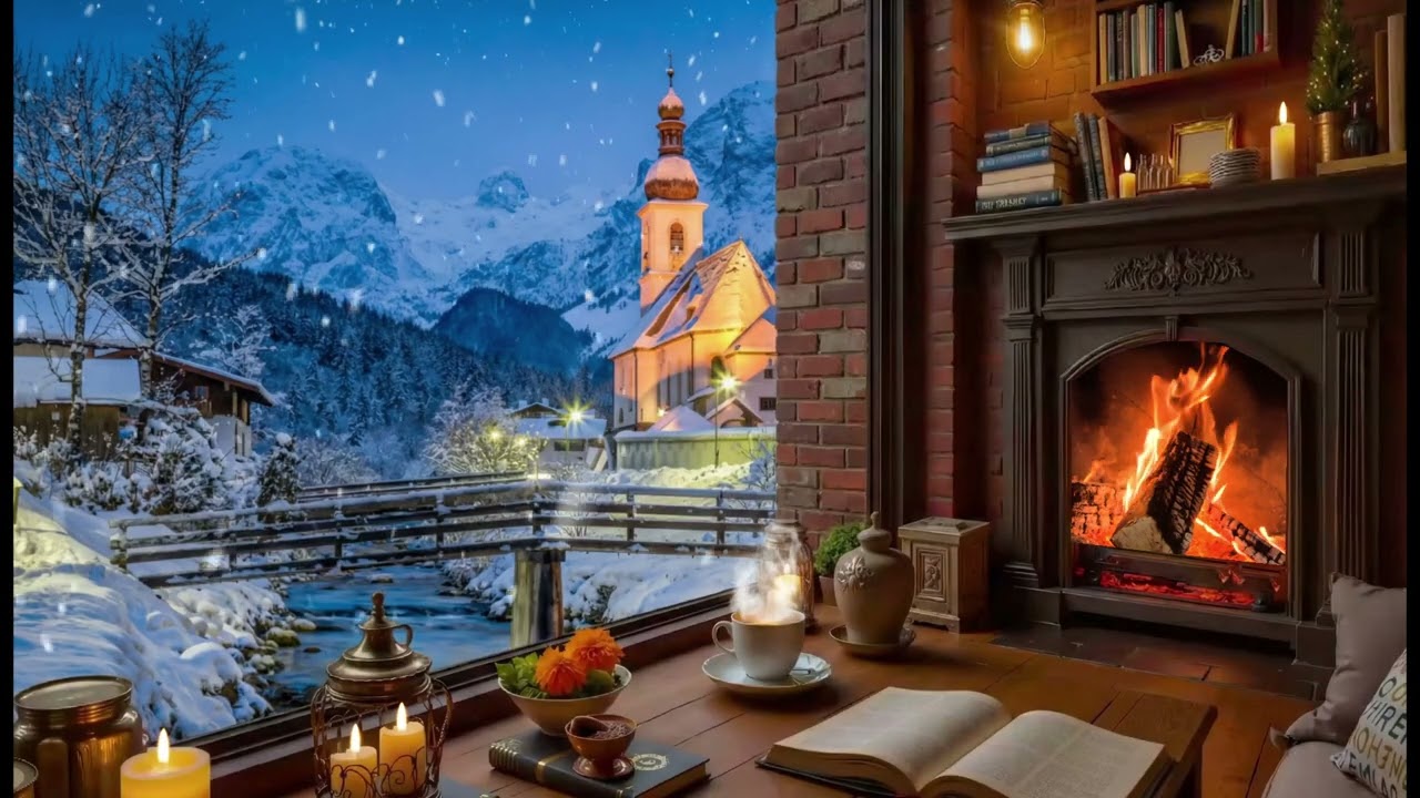Cozy Winter Café Ambience ☕ Fireplace, Snowy Window | Study, Relax, Focus