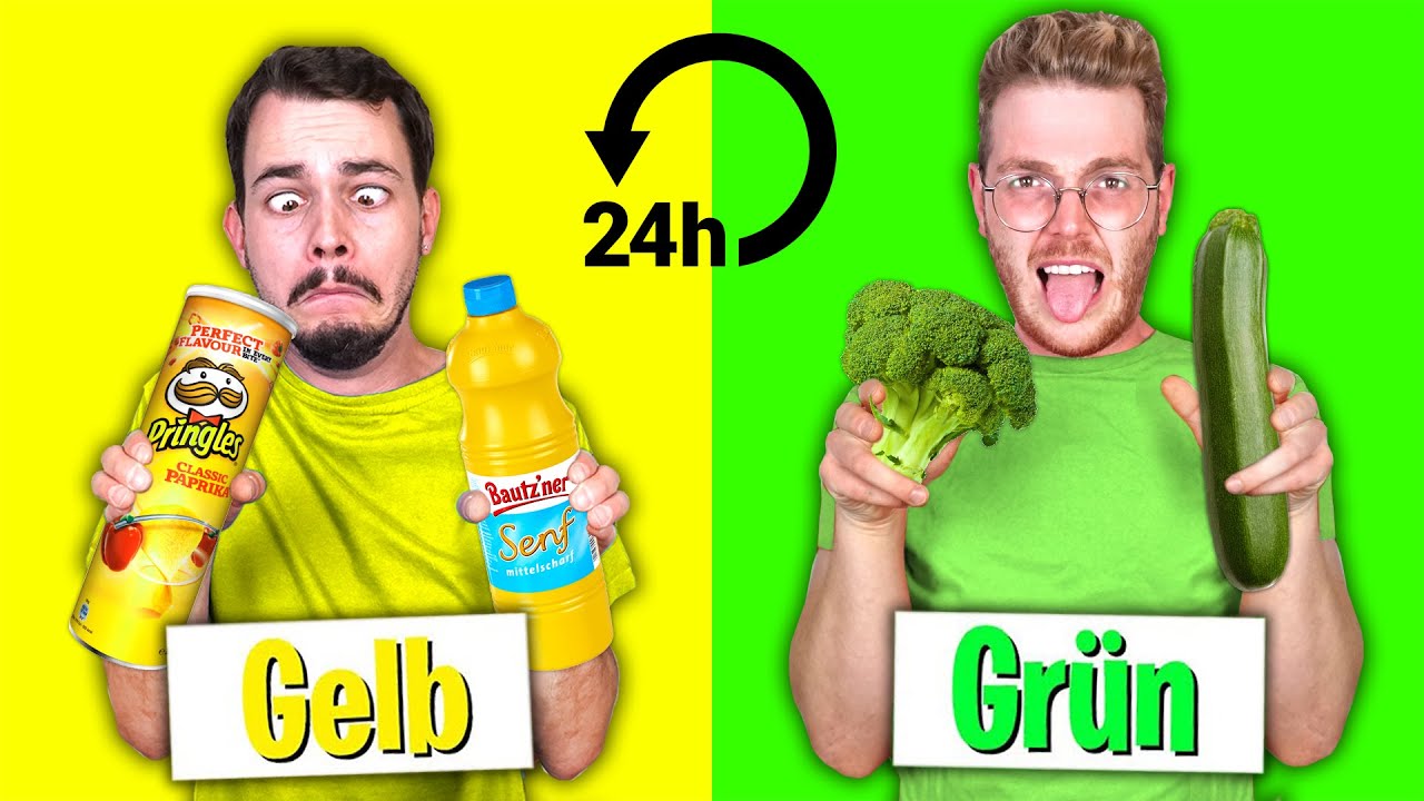 NUR die FARBE ESSEN die man TRÄGT FÜR 24 STUNDEN (GELBES vs GRÜNES FOOD CHALLENGE)