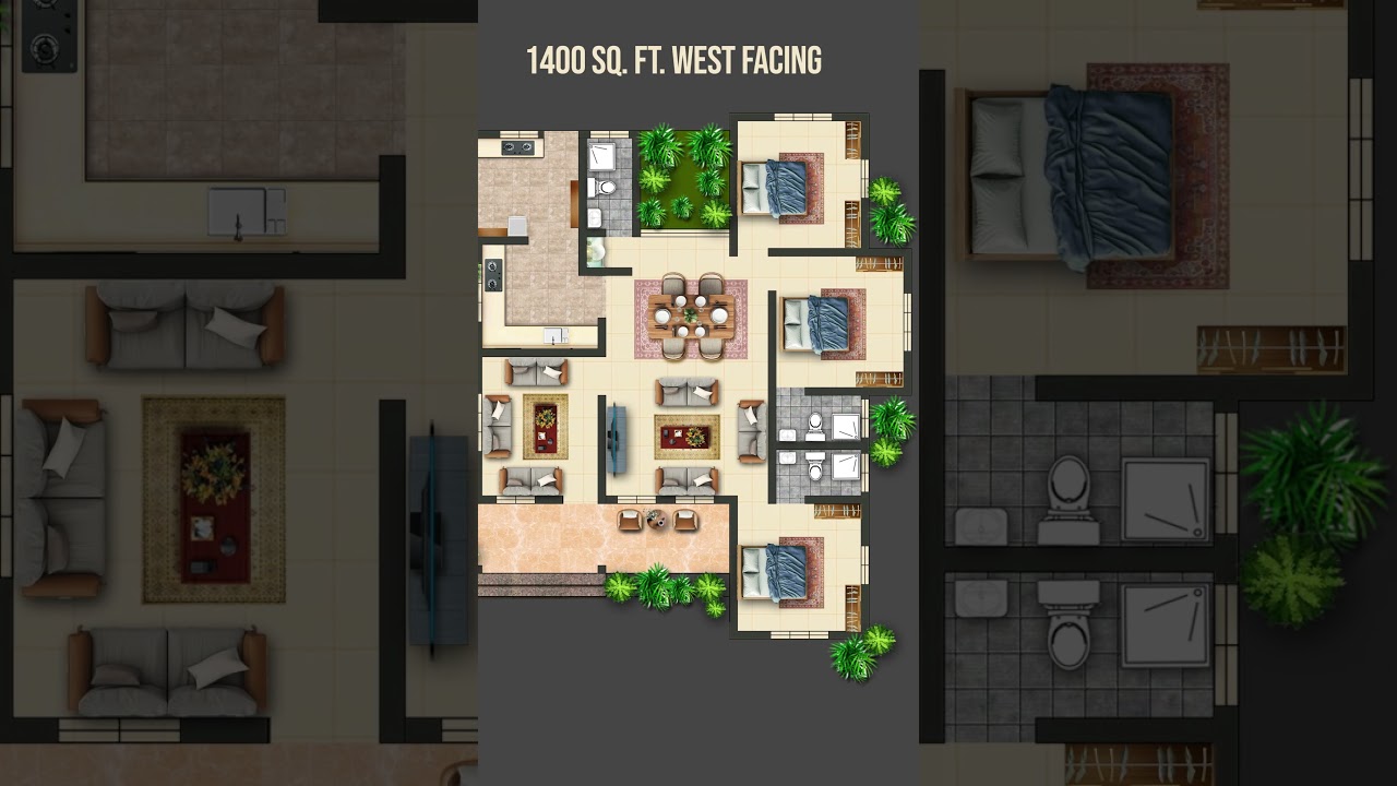 West Facing House Design 1400 Sq. Ft. | 3 Bedroom House Design #housedesign