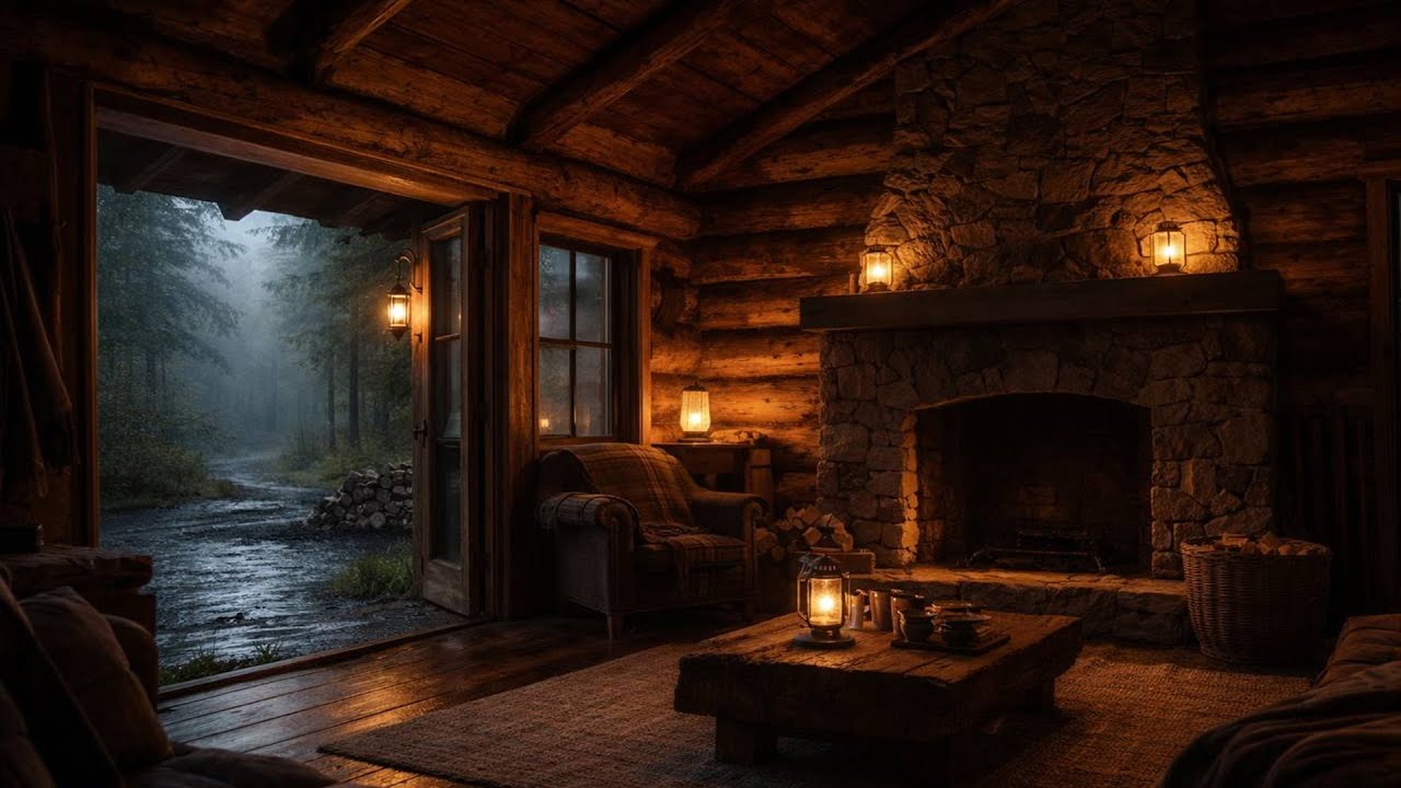 Cozy Rainy Cabin Ambience 🌧️ Fireplace Glow Without Fire | Relaxing Spring Night Sounds