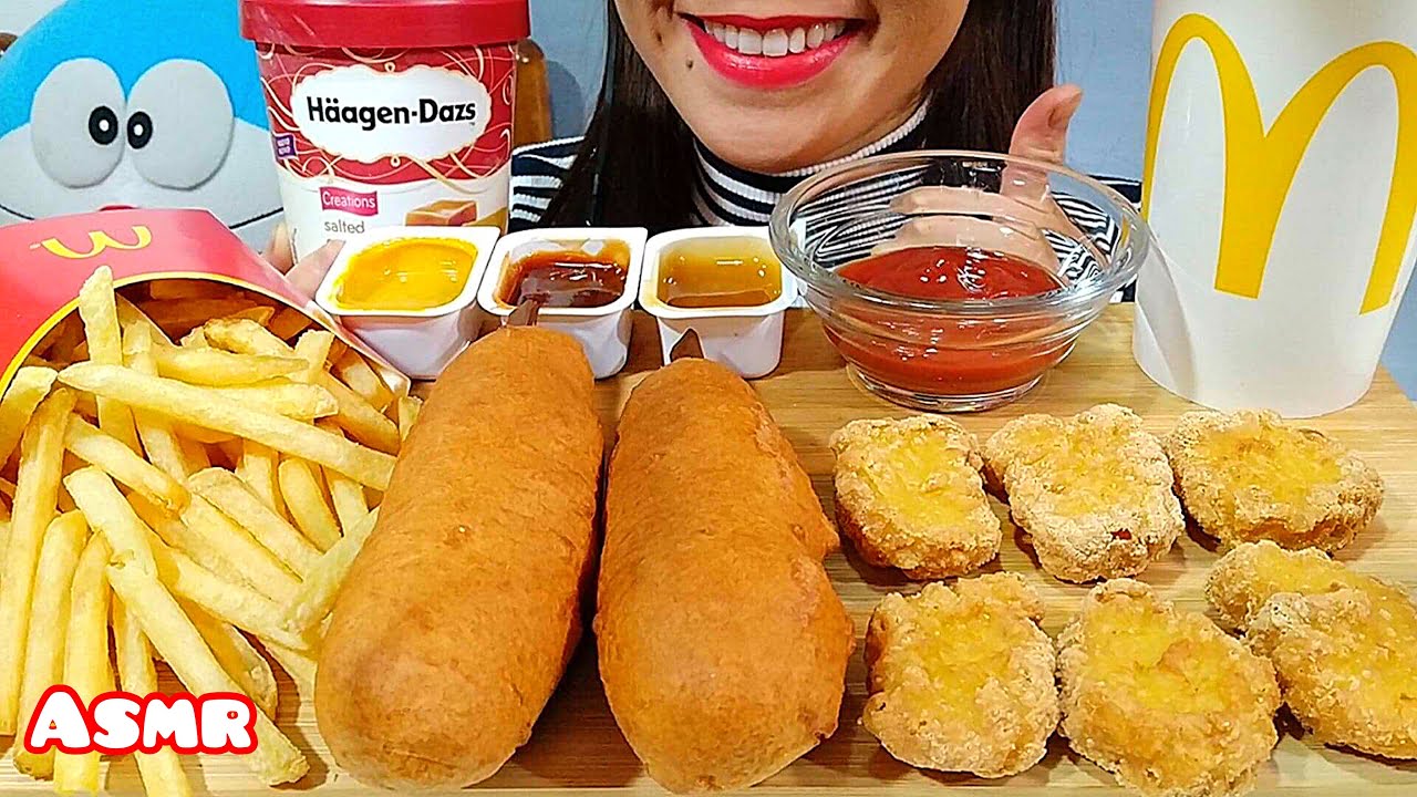 EATING CORN DOGS, McDONALD'S CHICKEN NUGGETS, FRENCH FRIES & HAAGEN-DAZS ICE CREAM ASMR Real Sounds