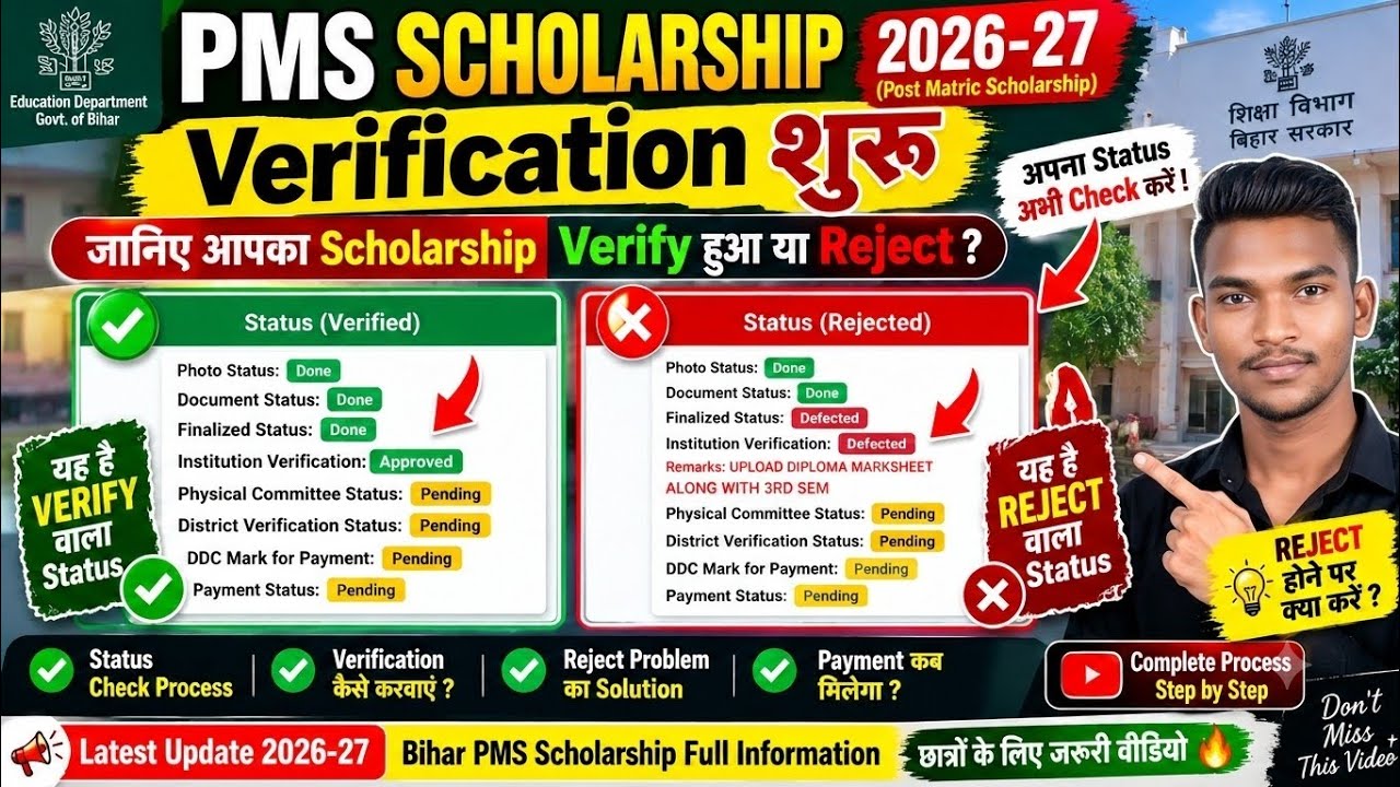 PMS Scholarship 2026-27 Verification शुरू | Reject हुआ या Verify? Status Check करें| Reject Solution