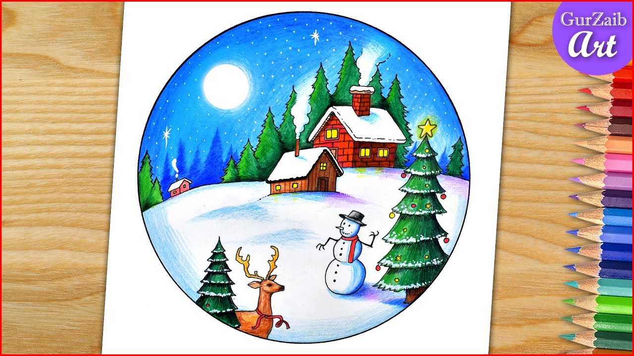 How to draw Merry Christmas Drawing 🎄 scenery step by step for beginners