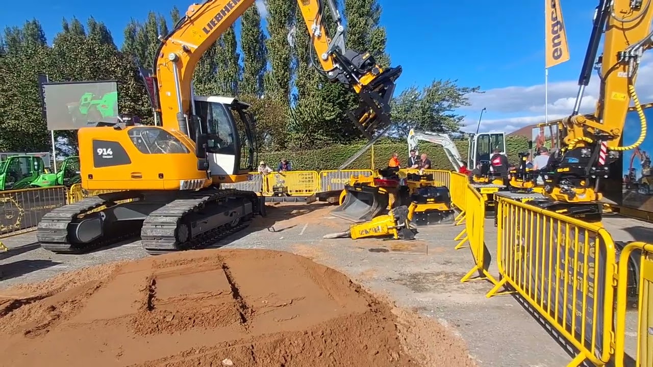 Liebherr 914 compact crawler excavator Engcon tiltrotator stand demonstration PlantWorx Newark 2025