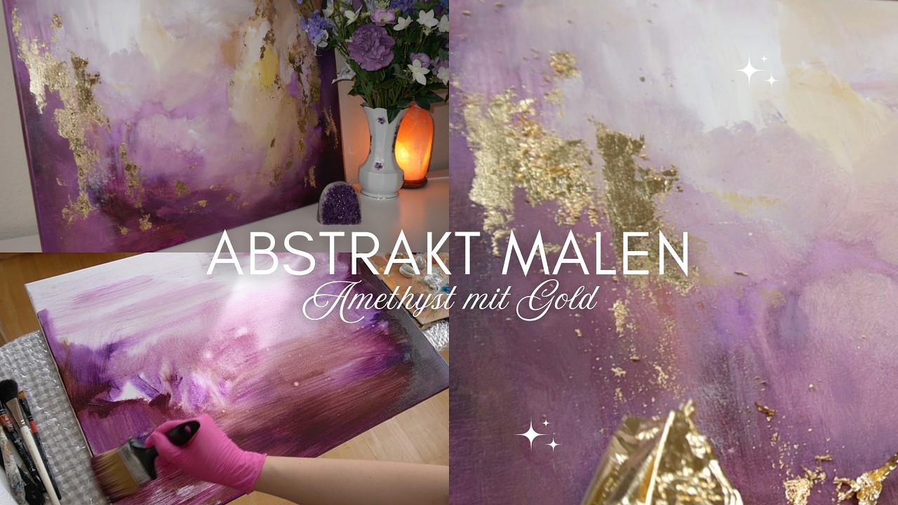 Amethyst Glow ✨ Zauberhaftes abstraktes Gemälde mit Blattgold Imitat, fließend malen in Violetttönen