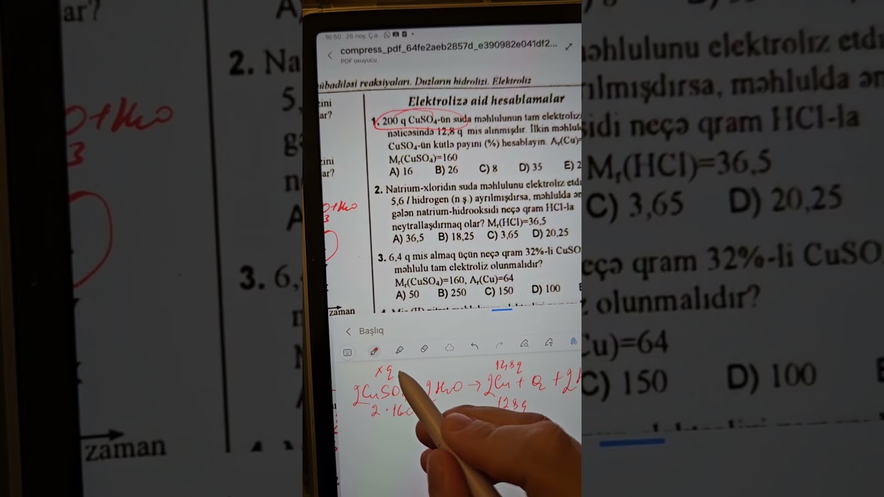 Online dərsdə elektrolizə aid test izahı 