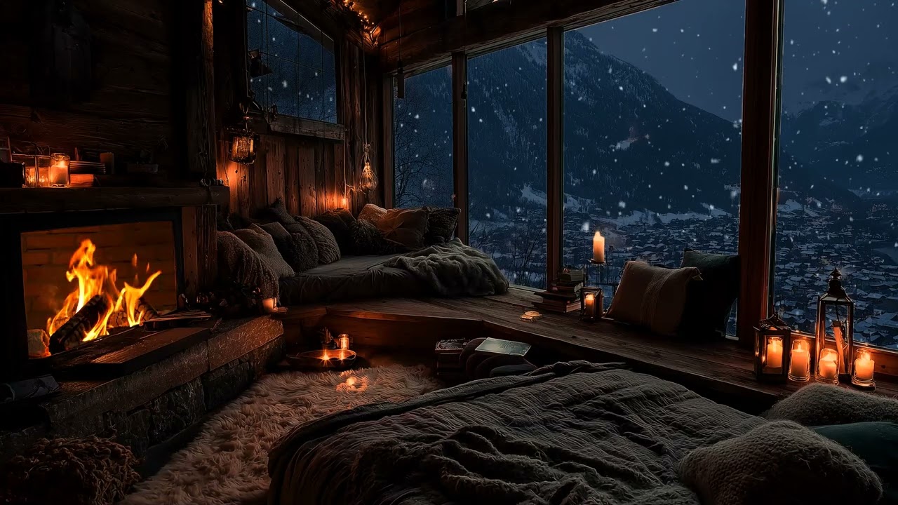 Wind Whispering Through the Night with Fireplace Warmth for Relaxation and Sleep