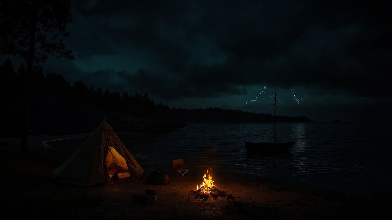 Thunderstorm Night by the Lakeside | 3 Hours of Crackling Fire & Harp Echoes 🔥 Ultimate Relaxation