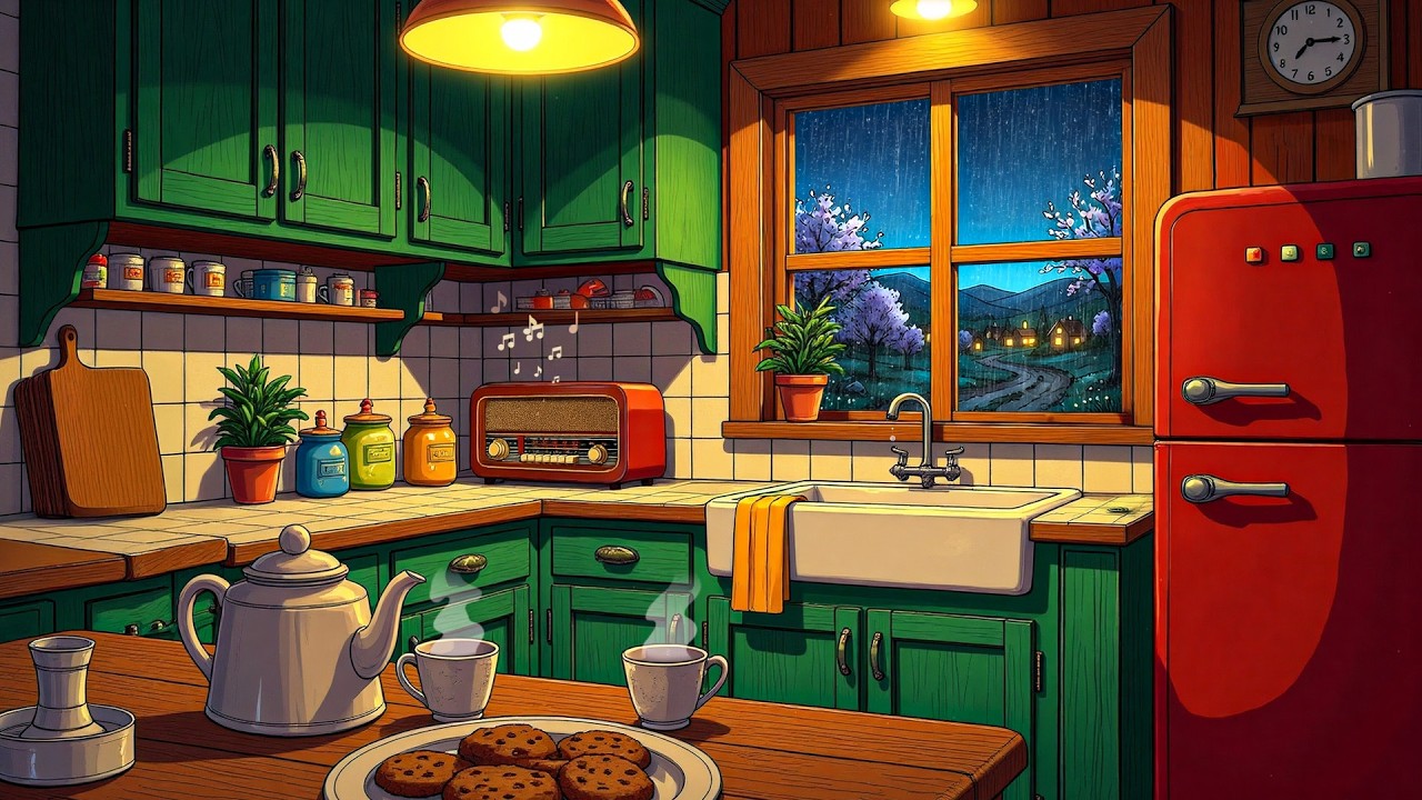 it's rainy cozy night, 1940's listening to oldies playing in another room to relax, unwind