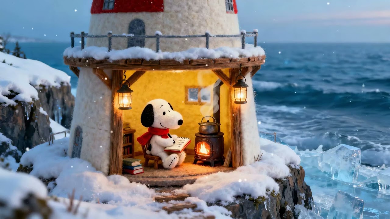 Snoopy Snowy Seaside Cabin 🌊 Smooth Jazz, Lantern Light & Gentle Tides | Focus
