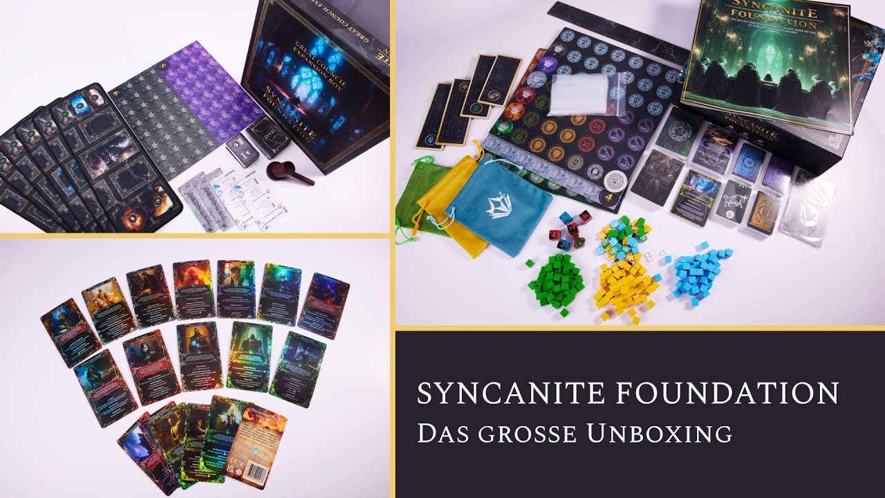 Großes Unboxing: SYNCANITE FOUNDATION – Core Game, Erweiterung, Add-Ons und wie man alles einpackt