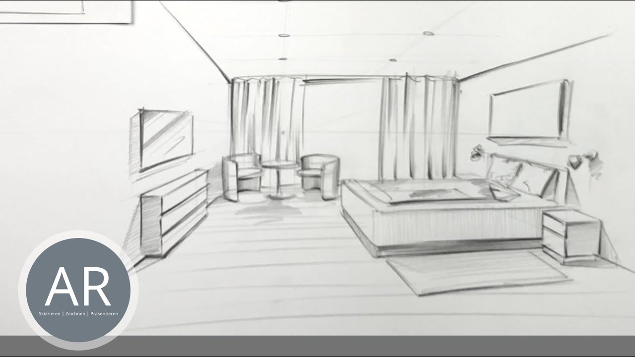 Räume zeichnen für Interior Designer 1/8. Räume in 1-Punkt-Perspektive zeichnen Interior Design Kurs