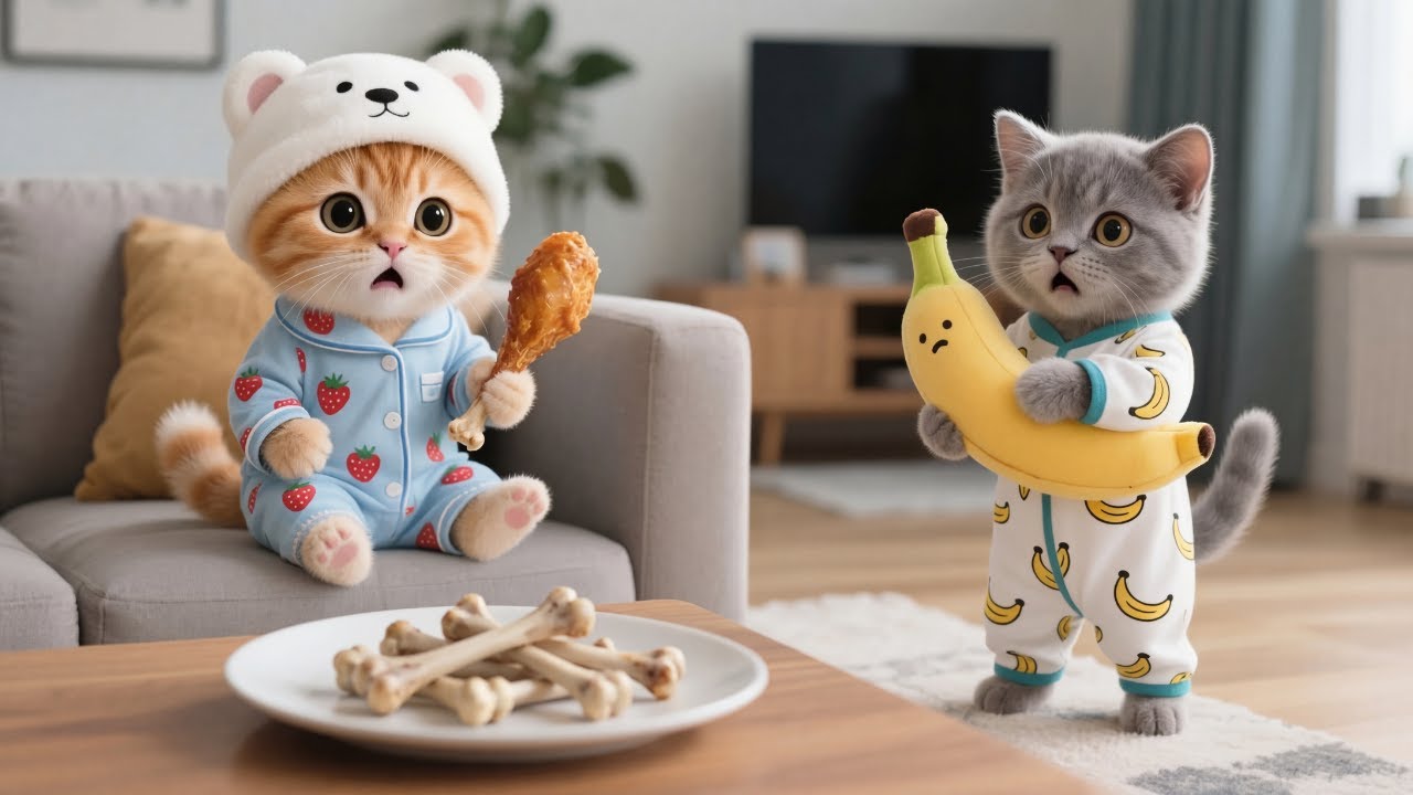 Ginger Kitten Loves Fried Chicken🍗, Mama Cat Makes It for Her Kitten to Share with Friends❤️