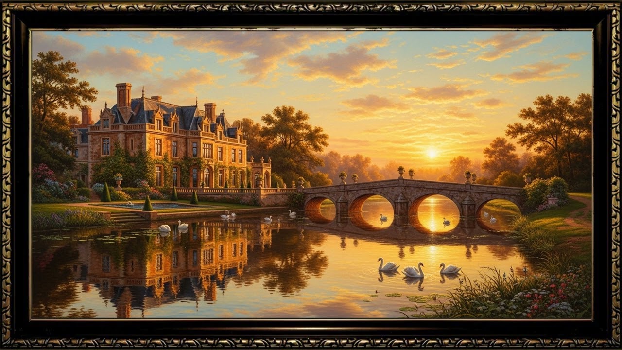 Golden Riverside Manor at Sunset | Serene European Landscape Art