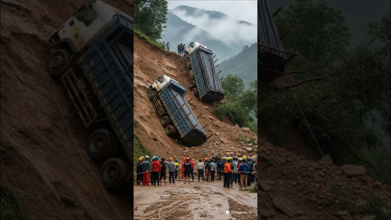 A thrilling moment from a truck rescue operation at a landslide site after heavy rain. #truckrescue