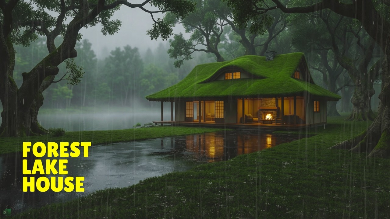 Calm Rainy Evening At A Moss Covered Japanese Forest House Beside A Quiet Misty Lake