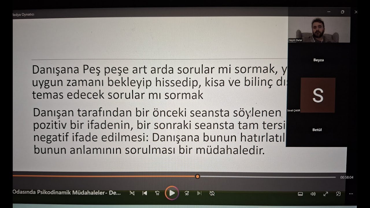 Klinik Psikolog Haşim Durar - Terapi Odasında Psikodinamik Müdahaleler:  Derinlikten Gerçekliğe