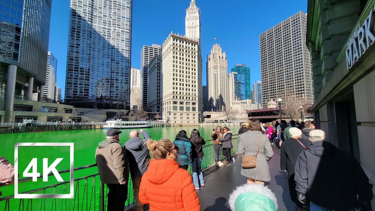 4K Walking by the Chicago River on St. Patrick's Day - Binaural City Sounds - USA