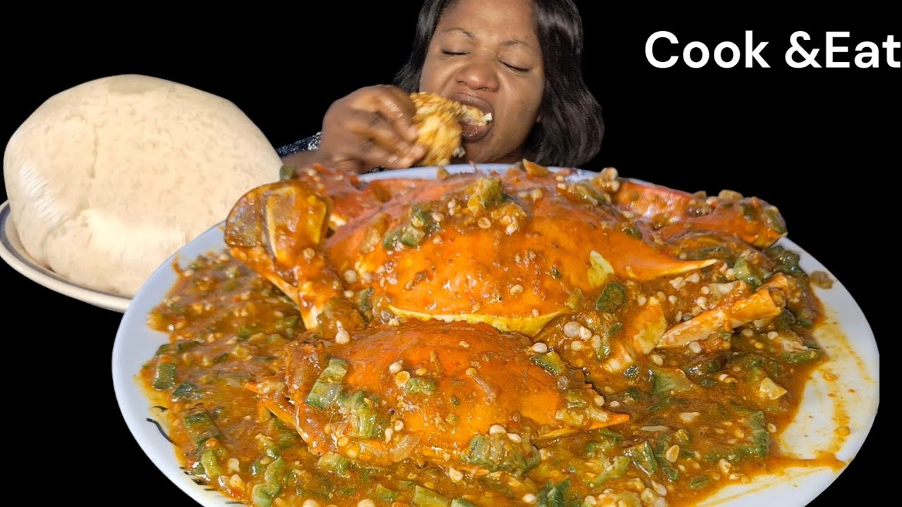 African food mukbang/ Cook and eat with me okra soup with crab 🦀 and fufu