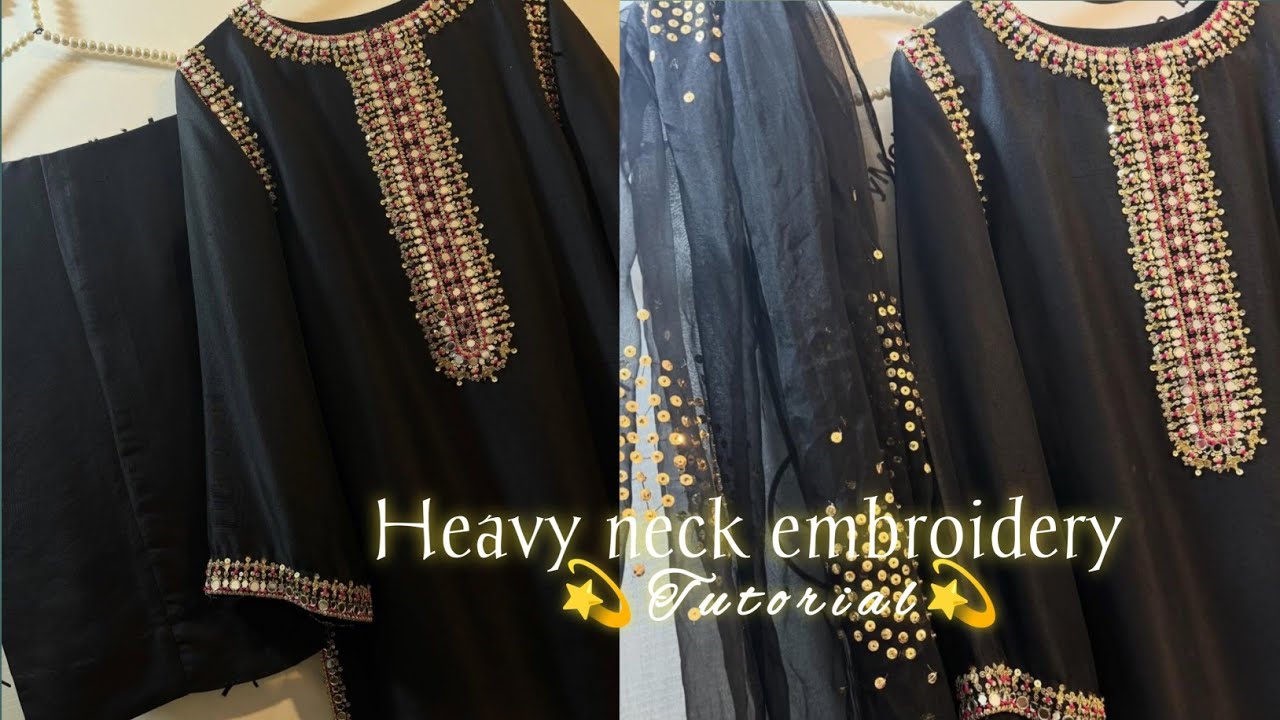 🖤 Heavy neckline embroidery pattern✨ Mirror hand work🪡 dress designs 